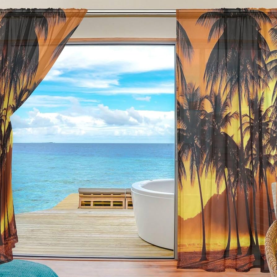 ヤシの木 カーテン 腰窓 ヤシの木 カーテン 腰窓